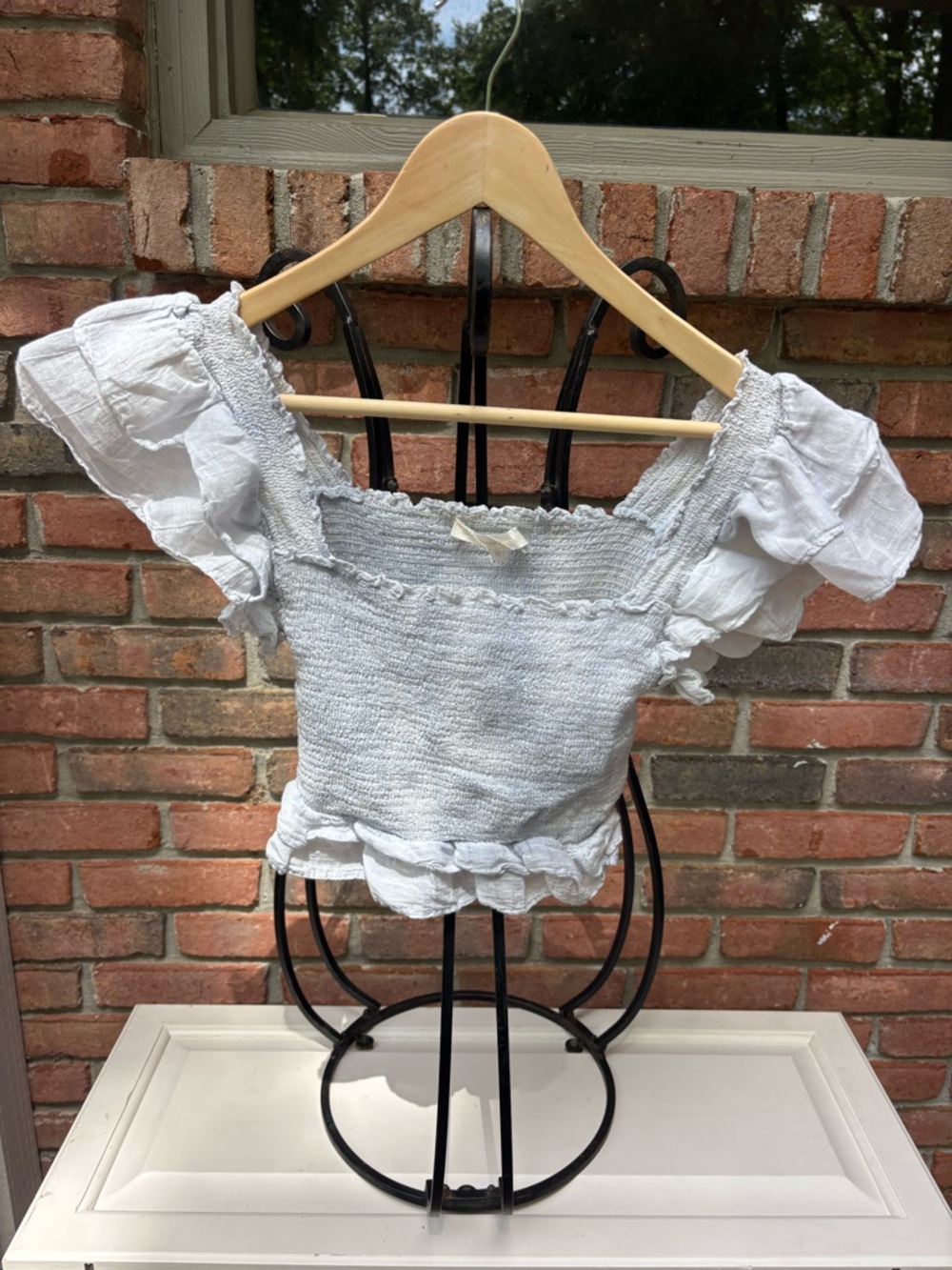 LoveShackFancy Smocked Off-Shoulder Ruffle Crop Top - White